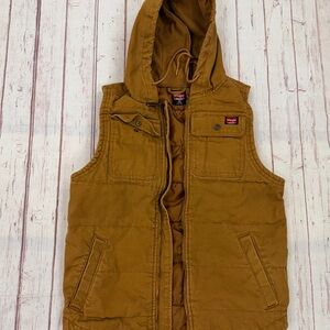 Men’s Tan Brown Sleeveless Vest Jacket Hooded by wrangler Full Zip Utility Work